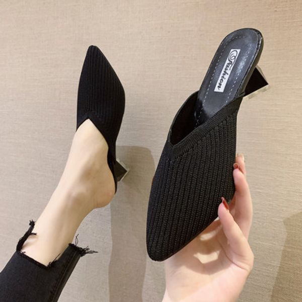 summer new slippers female 2020 knitted baotou half drag pointed thin heel with lazy middle and outer wear cold drag tide, Black
summer new slippers female 2020 knitted baotou half drag pointed thin heel with lazy middle and outer wear cold drag tide, Black
