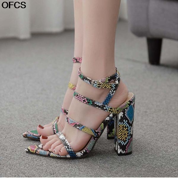 green serpentine women sandals summer fashion square high heel sandals for women pointed toed thick heel party shoes 42, Black