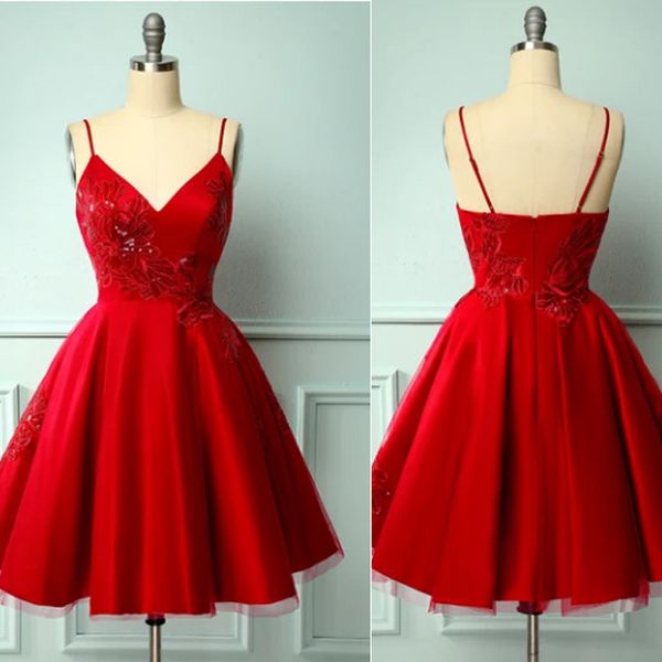 red cocktail dress satin short prom dresses modest spaghetti formal party gowns appliques lace grade homecoming dress, Black
red cocktail dress satin short prom dresses modest spaghetti formal party gowns appliques lace grade homecoming dress, Black