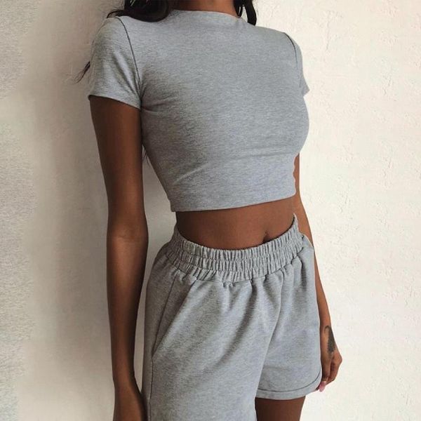 women's two-piece outfit set cozy sport fitness set crop short sleeve short high waist pants solid color round neck, Gray
women's two-piece outfit set cozy sport fitness set crop short sleeve short high waist pants solid color round neck, Gray
