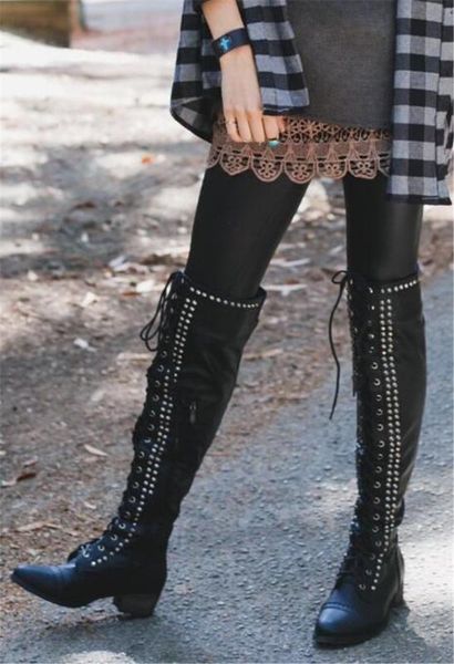 sestito woman rivets decorated lace-up cool long boots ladies round toe side zipper over-the-knee boots girls suqare heels shoes, Black
sestito woman rivets decorated lace-up cool long boots ladies round toe side zipper over-the-knee boots girls suqare heels shoes, Black