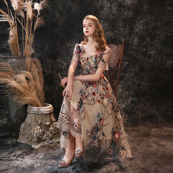 flowers embroidery prom dresses real images v neck short sleeves evening dress lace up tea length party gowns, Black
flowers embroidery prom dresses real images v neck short sleeves evening dress lace up tea length party gowns, Black
