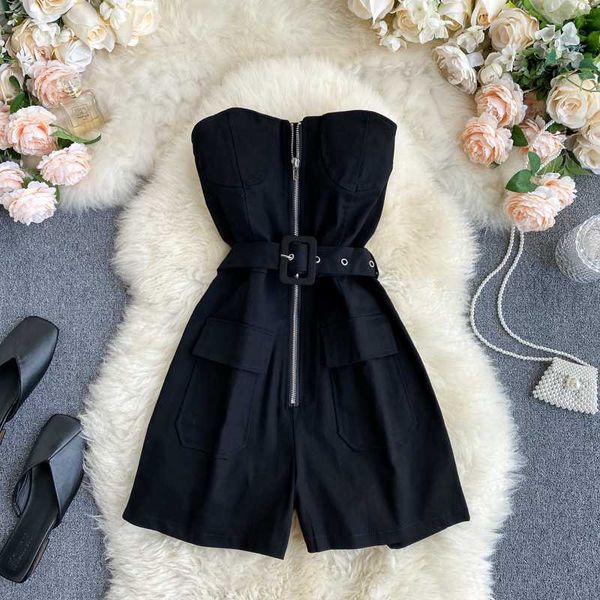 women's jumpsuits & rompers fmfssom summer spring zipper down sashes strapless vintage loose 2021 shorts retro women female playsuits, Black;white
women's jumpsuits & rompers fmfssom summer spring zipper down sashes strapless vintage loose 2021 shorts retro women female playsuits, Black;white