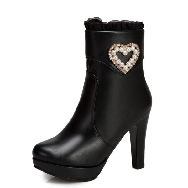 super high thick heel love bead string ankle boots thick bottom side zipper lace trim pink short boots pearl embellished shoes, Black
super high thick heel love bead string ankle boots thick bottom side zipper lace trim pink short boots pearl embellished shoes, Black