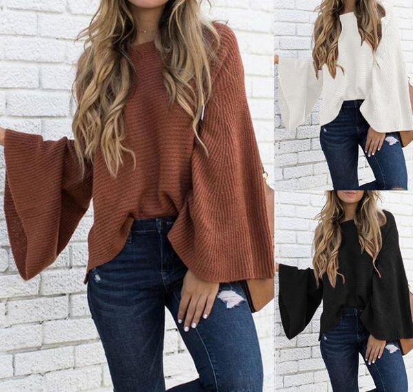 o neck flare sleeve loose sweater solid color knitting pullover casual autumn women sweater womens sweaters designer, White;black
o neck flare sleeve loose sweater solid color knitting pullover casual autumn women sweater womens sweaters designer, White;black
