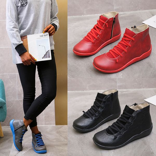2020 retro women's boots large size 35-43 casual flat boots ankle for women women winter leather, Black