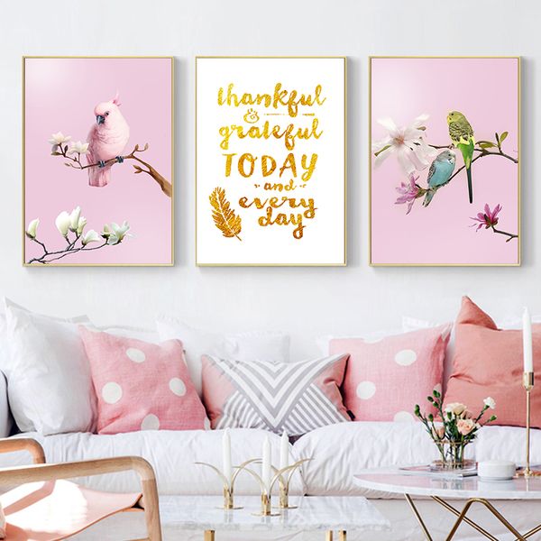 canvas painting pink parrot bids and flower tree prints bird poster wall art inspirational quotes living room home nursery decor