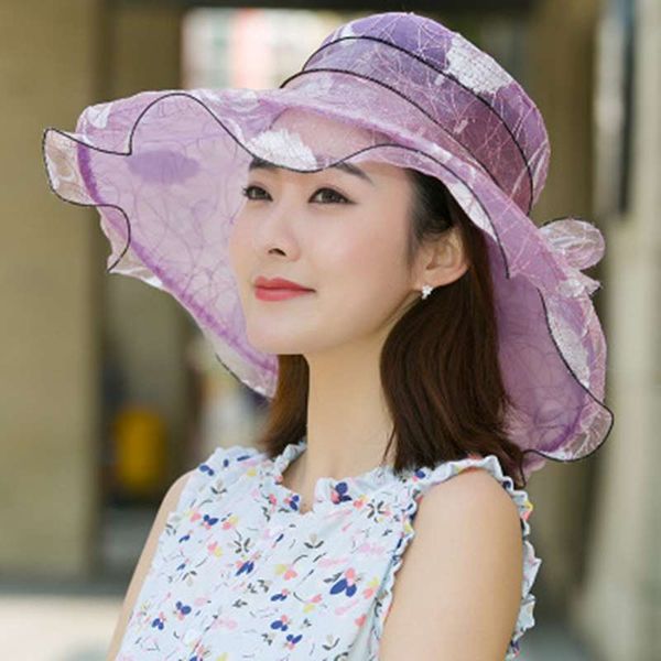 wide brim hats myzoper 2021 fashion embroidered bow casual summer hat tide korean version ruffle women's beach, Blue;gray
