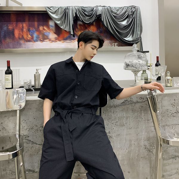 2020 summer style slim short sleeve denim overalls man jeans jumpsuits male body suit, Blue