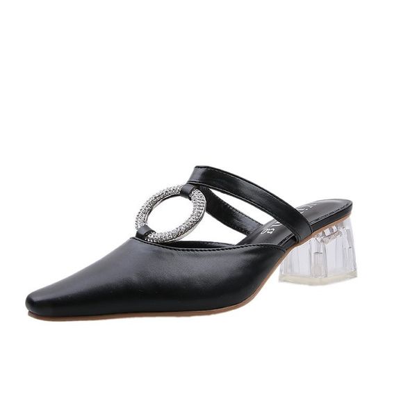 2020 summer new style rhinestone temperament pointed outer wear lazy slippers thick heel baotou sandals and slippers female x311, Black;grey 
2020 summer new style rhinestone temperament pointed outer wear lazy slippers thick heel baotou sandals and slippers female x311, Black;grey