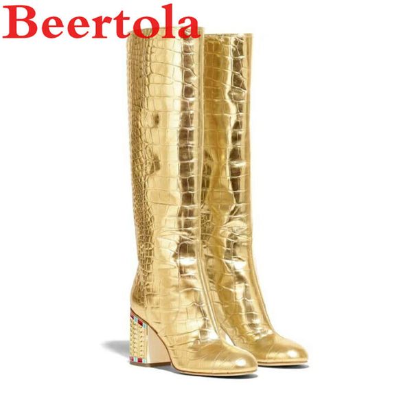 large size runway women's boots rhinestones heels golden crocodile pattern catwalk boots women shiny slip on ladies high, Black
large size runway women's boots rhinestones heels golden crocodile pattern catwalk boots women shiny slip on ladies high, Black