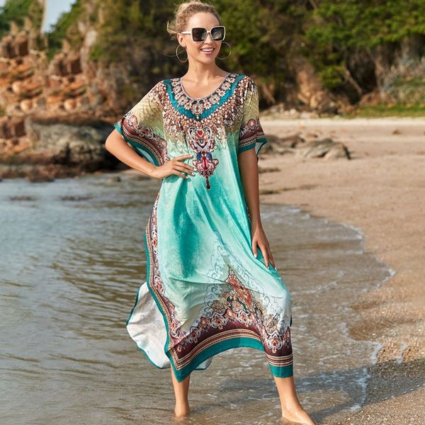 women quick dry maxi dress print beach wrap split summer long robe bohemia, Black;gray
women quick dry maxi dress print beach wrap split summer long robe bohemia, Black;gray