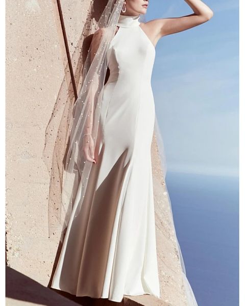 sheath / column wedding dresses high neck sweep / brush train satin regular straps plus size with, White
sheath / column wedding dresses high neck sweep / brush train satin regular straps plus size with, White