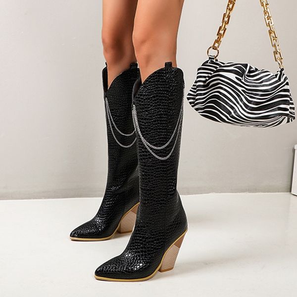 2020 winter white black western cowboy high heel knee high boots chains wedges shoes for women long boots snake print
2020 winter white black western cowboy high heel knee high boots chains wedges shoes for women long boots snake print
