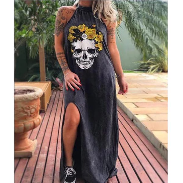 2020 summer dresses women punk style loose halter neck sleeveless skull print female dress street side high split flower print, White
2020 summer dresses women punk style loose halter neck sleeveless skull print female dress street side high split flower print, White