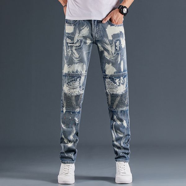 men's jeans europe high street hole spliced men full length slim dot little stretch straight pleated denim trousers, Blue
men's jeans europe high street hole spliced men full length slim dot little stretch straight pleated denim trousers, Blue