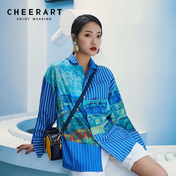 cheerart blue striped print blouse women patchwork tie dye open back shirt long sleeve fashion.spring 2020, White
cheerart blue striped print blouse women patchwork tie dye open back shirt long sleeve fashion.spring 2020, White