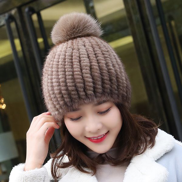 01912-shi Winter Very Warm Real Mink Knitting High-grade True Fur Skullies Beanies Cap Men Women Outdoor Leisure Hat