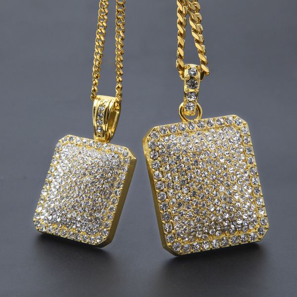 

Mens Gold Cuban Link Chain Fashion Hip Hop Jewelry with Full Rhinestone Bling Bling Diamond Dog Tag Iced Out Pendant Necklaces