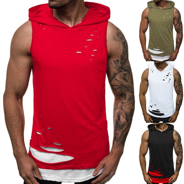 

2020 special foreign trade european new style hole personality design hooded men's sleeveless t-shirt, White;black