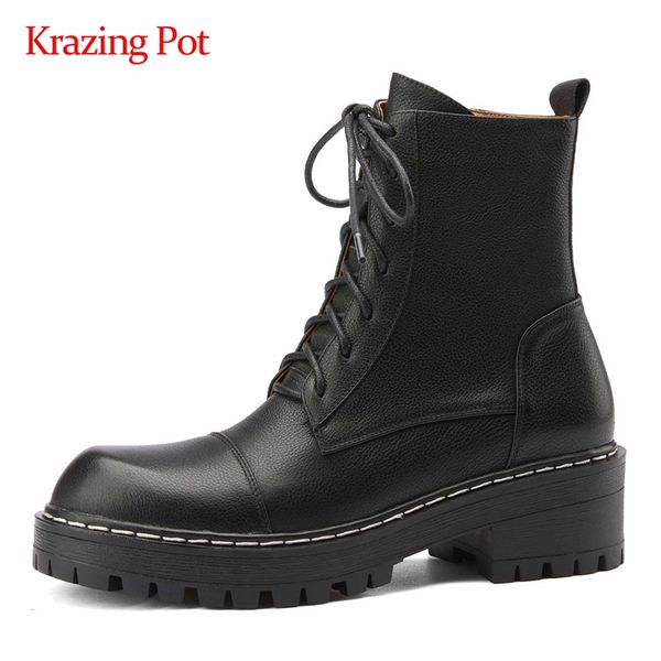 krazing pot new arrival genuine leather platform round toe thick med heel zipper pretty girls cozy ankle boots l75, Black
krazing pot new arrival genuine leather platform round toe thick med heel zipper pretty girls cozy ankle boots l75, Black