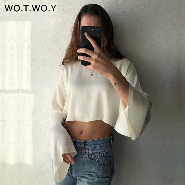 wotwoy summer silk crop women high street flare sleeve chiffon blouses women navel white blouse shirt female blusa 2020 new
wotwoy summer silk crop women high street flare sleeve chiffon blouses women navel white blouse shirt female blusa 2020 new