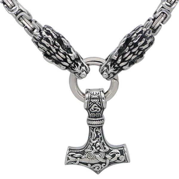 men stainless steel nordic viking wolf head with thor hammer pendant necklace with king chain, Silver
men stainless steel nordic viking wolf head with thor hammer pendant necklace with king chain, Silver