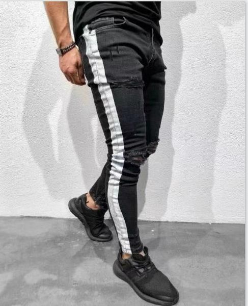 high street knee holes white striped slim designer black jeans fit ripped jeans mens clothing fashion, Blue
high street knee holes white striped slim designer black jeans fit ripped jeans mens clothing fashion, Blue