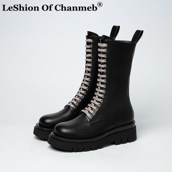 mid-calf boots women shoes platform mid heel boots lace up zipper thick heels lady autumn winter black size 34-43