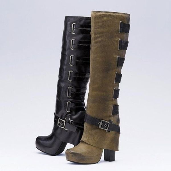 women's buckle knee bare boots square high heel casual long tube punk combat motorcycle booties plus size 43 european shoes, Black
women's buckle knee bare boots square high heel casual long tube punk combat motorcycle booties plus size 43 european shoes, Black