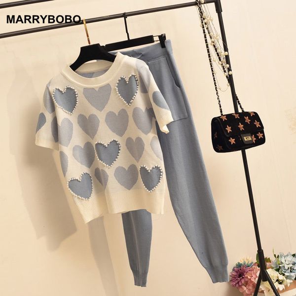 women short sleeve beading sweater + pants 2 piece set 2020 casual tracksuit korean love printed knitted suit x0923, Gray 
women short sleeve beading sweater + pants 2 piece set 2020 casual tracksuit korean love printed knitted suit x0923, Gray