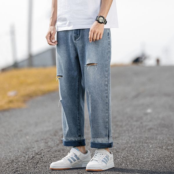 spring and autumn new men loose pants straight jeans male pants with holes, Blue
spring and autumn new men loose pants straight jeans male pants with holes, Blue