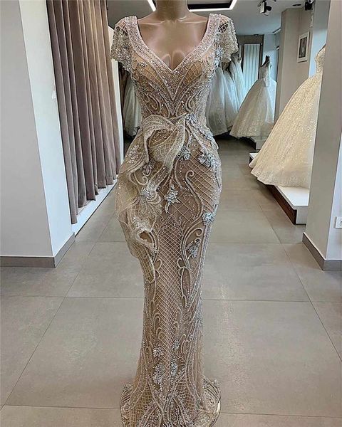 vintage champagne mermaid evening dresses luxury lace appliqued short sleeves prom gown plus size arabic crystal beaded formal party dress, Black
vintage champagne mermaid evening dresses luxury lace appliqued short sleeves prom gown plus size arabic crystal beaded formal party dress, Black