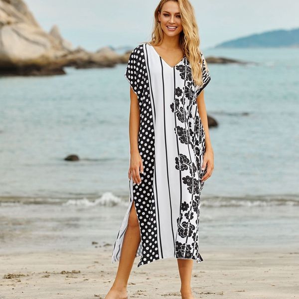 women boho midi dress v neck long robe print wrap summer beach split, Black;gray
women boho midi dress v neck long robe print wrap summer beach split, Black;gray