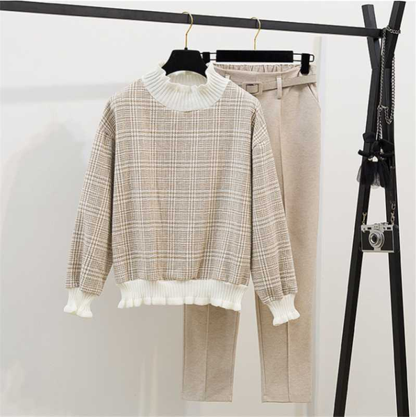 women's tracksuits autumn winter women loose plaid thick woolen sweashirt two piece set elastic waist belt harem pants outfits, Gray
women's tracksuits autumn winter women loose plaid thick woolen sweashirt two piece set elastic waist belt harem pants outfits, Gray
