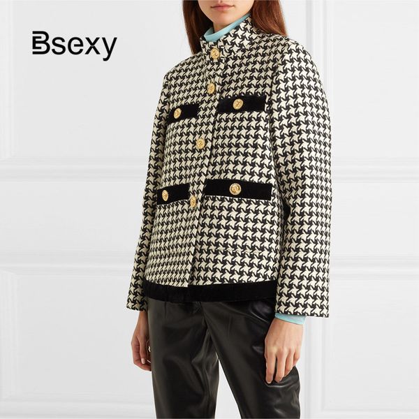luxury women houndstooth tweed jacket 2020 winter classic office lady stand collar single breasted pockets short tweed coat, Black
luxury women houndstooth tweed jacket 2020 winter classic office lady stand collar single breasted pockets short tweed coat, Black