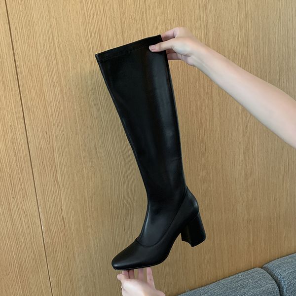 new winter style knee high boots genuine leather women boots warm high heels motorcycle fashion cowhide women shoes, Black