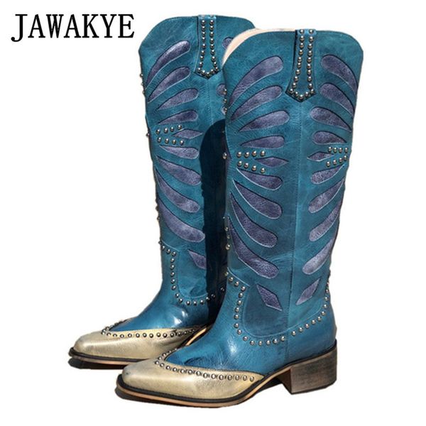 boots retro rivets knee high women square toe block heels knight mixed color patchwork western cowboy runway design, Black
boots retro rivets knee high women square toe block heels knight mixed color patchwork western cowboy runway design, Black
