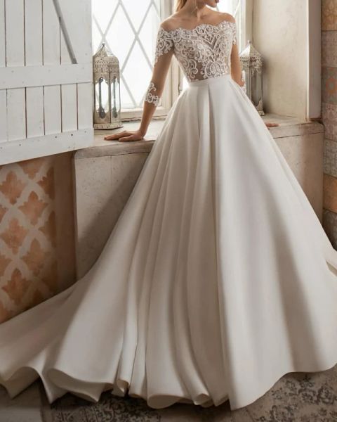 a-line wedding dresses bateau neck sweep / brush train lace satin 3/4 length sleeve formal see-through with embroidery, White
a-line wedding dresses bateau neck sweep / brush train lace satin 3/4 length sleeve formal see-through with embroidery, White