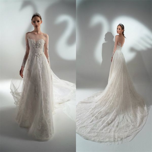 elegant a-line wedding dresses jewel sheer lace appliqued bridal gown long sleeves sweep train custom made beach boho robes de mariée, White
elegant a-line wedding dresses jewel sheer lace appliqued bridal gown long sleeves sweep train custom made beach boho robes de mariée, White