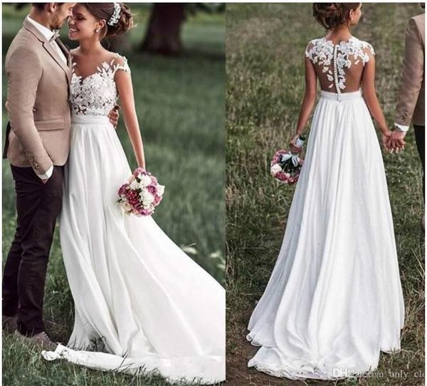 vintage boho beach country wedding dresses sheer neck cap sleeves appliques lace chiffon backless bridal gowns, White
vintage boho beach country wedding dresses sheer neck cap sleeves appliques lace chiffon backless bridal gowns, White