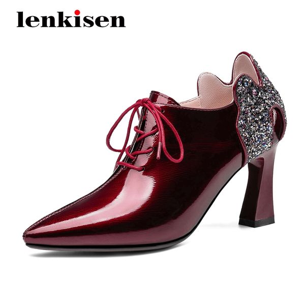 lenkisen cow leather streetwear deep mouth bling pointed toe high heel lace up office lady fashion women pumps l58, Black
lenkisen cow leather streetwear deep mouth bling pointed toe high heel lace up office lady fashion women pumps l58, Black