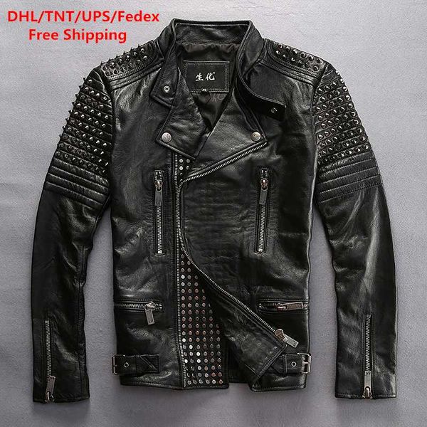 dhl handmade rivet genuine leather jacket men's motorcycle rider zipper cowhide leather coat locomotive large size coat, Black
dhl handmade rivet genuine leather jacket men's motorcycle rider zipper cowhide leather coat locomotive large size coat, Black