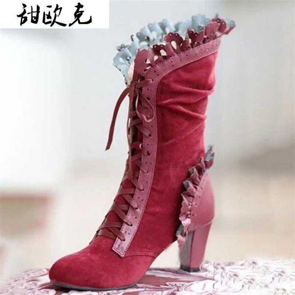 2020 winter women's mid calf boots ladies lace up high heels ruffle flock retro boots for women medium botas mujer, Black
2020 winter women's mid calf boots ladies lace up high heels ruffle flock retro boots for women medium botas mujer, Black