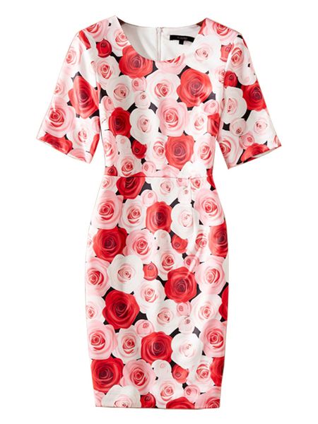 rose flower print women sheath dress round neck short sleeve party dresses, White;black
rose flower print women sheath dress round neck short sleeve party dresses, White;black