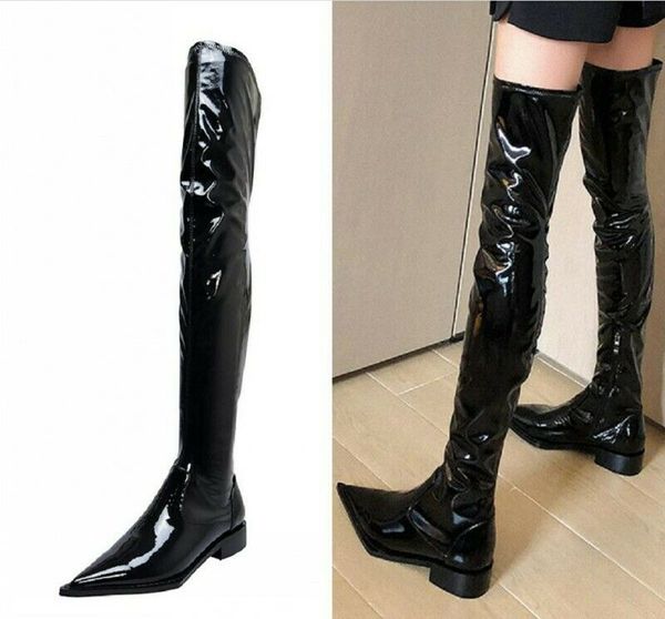 boots ladies pointy toe patent leather over knee high thigh pull on runway womens luxury black punk shoes f57
boots ladies pointy toe patent leather over knee high thigh pull on runway womens luxury black punk shoes f57