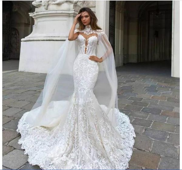 gorgeous mermaid lace wedding dresses with cape sheer plunging neck bohemian wedding gown appliqued plus size bridal vestidos de nnovia, White
gorgeous mermaid lace wedding dresses with cape sheer plunging neck bohemian wedding gown appliqued plus size bridal vestidos de nnovia, White