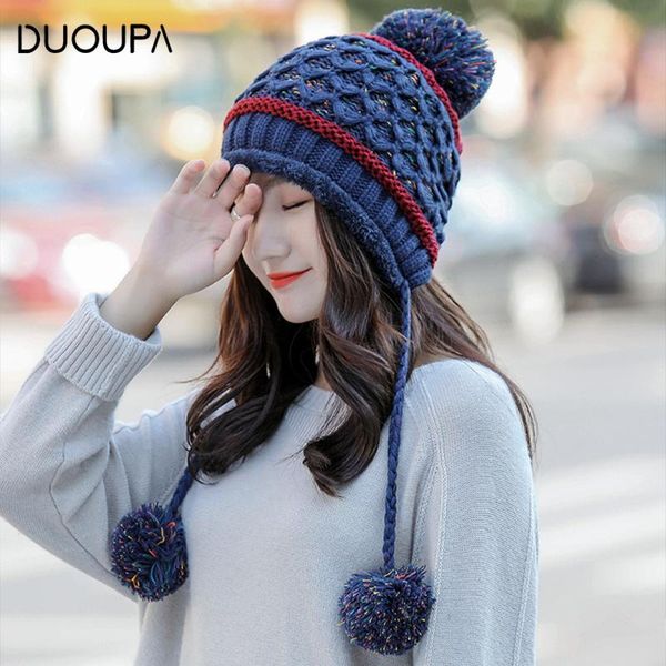 winter new hat female fashion plus furry ball ear protector wool cap plus heating knitted cap, Blue;gray
winter new hat female fashion plus furry ball ear protector wool cap plus heating knitted cap, Blue;gray