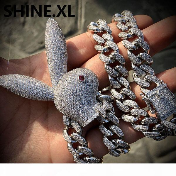 hip hop iced out животные большого кролик ожерелье с 12ммами кубинского link chain посеребренной циркон hip hop ювелирными изделиями mens по, Silver