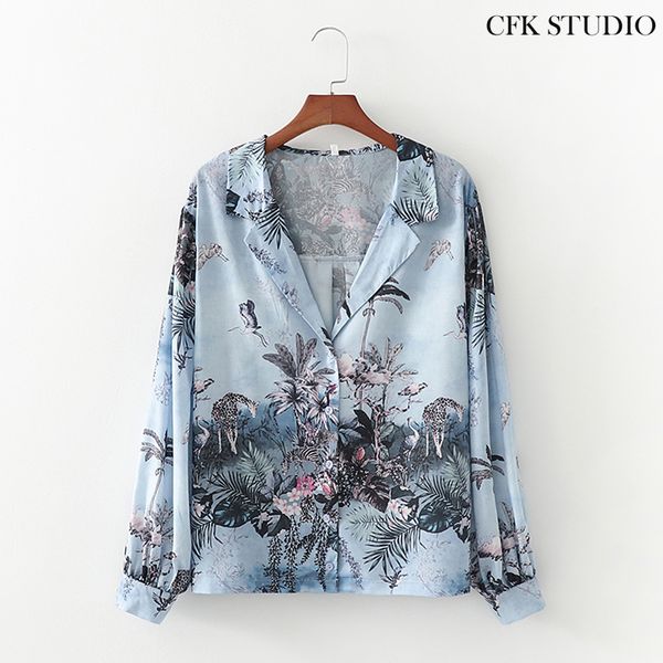 women blouse with floral print long sleeve shirt femme casual loose blue chiffon top, White
women blouse with floral print long sleeve shirt femme casual loose blue chiffon top, White